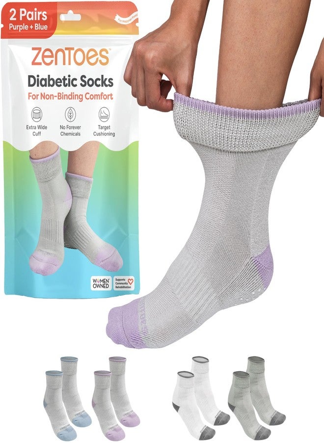 ZenToes Diabetic Socks for Women & Men | 2 Breathable Pairs with Arch Support | Non-Binding Cuff to Promote Circulation | Seamless Toe & Moisture Control Design | Large, Purple & Blue - Image 1
